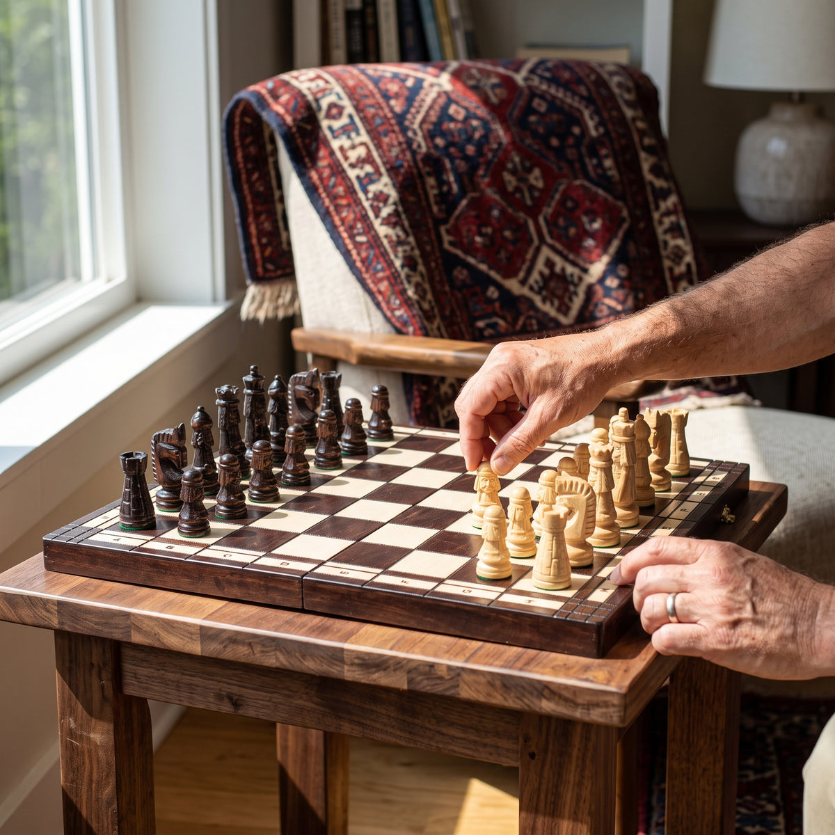 Aufgebautes Schachspiel mit großen Figuren, zusätzliche Produktansicht