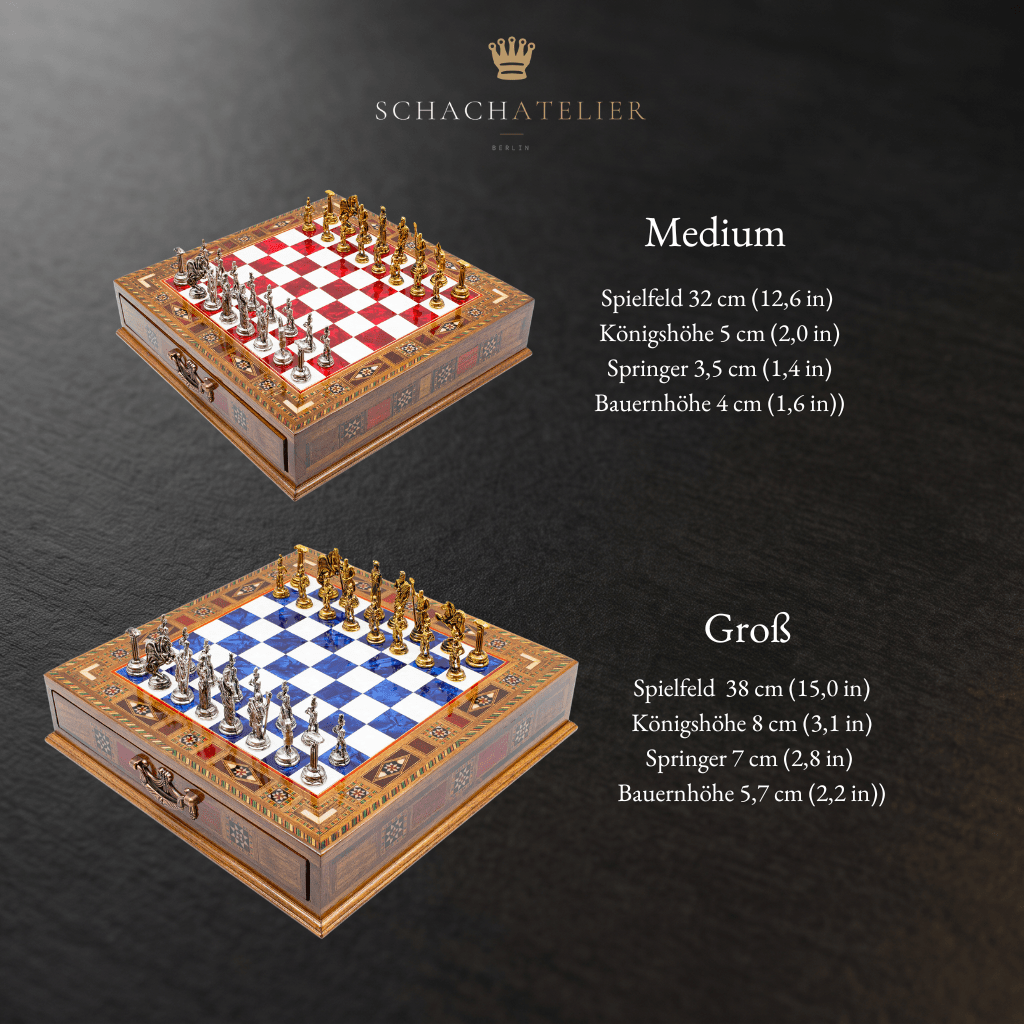 Größentabelle des römischen Schachspiels in 32 und 38 cm – Schachatelier