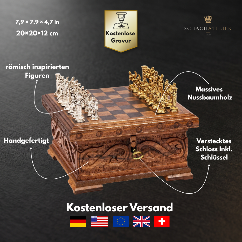 Infografik zu Material, Maßen und verstecktem Schloss des Nussbaum-Schachspiels – Schachatelier